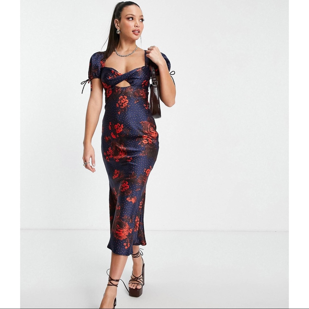Satin midi tea dress with twist front dot floral print